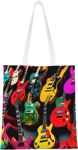 Colorful Guitar Print Canvas Tote Bag Reusable Shoulder Shopping Bags For Daily Use Shopping Travel