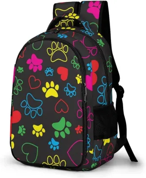 Colorful Hearts Animal Paws Laptop Backpack Cat Dog Footprint Travel Bags Daypack Durable Work Camping Hiking Back Packs for Women Men