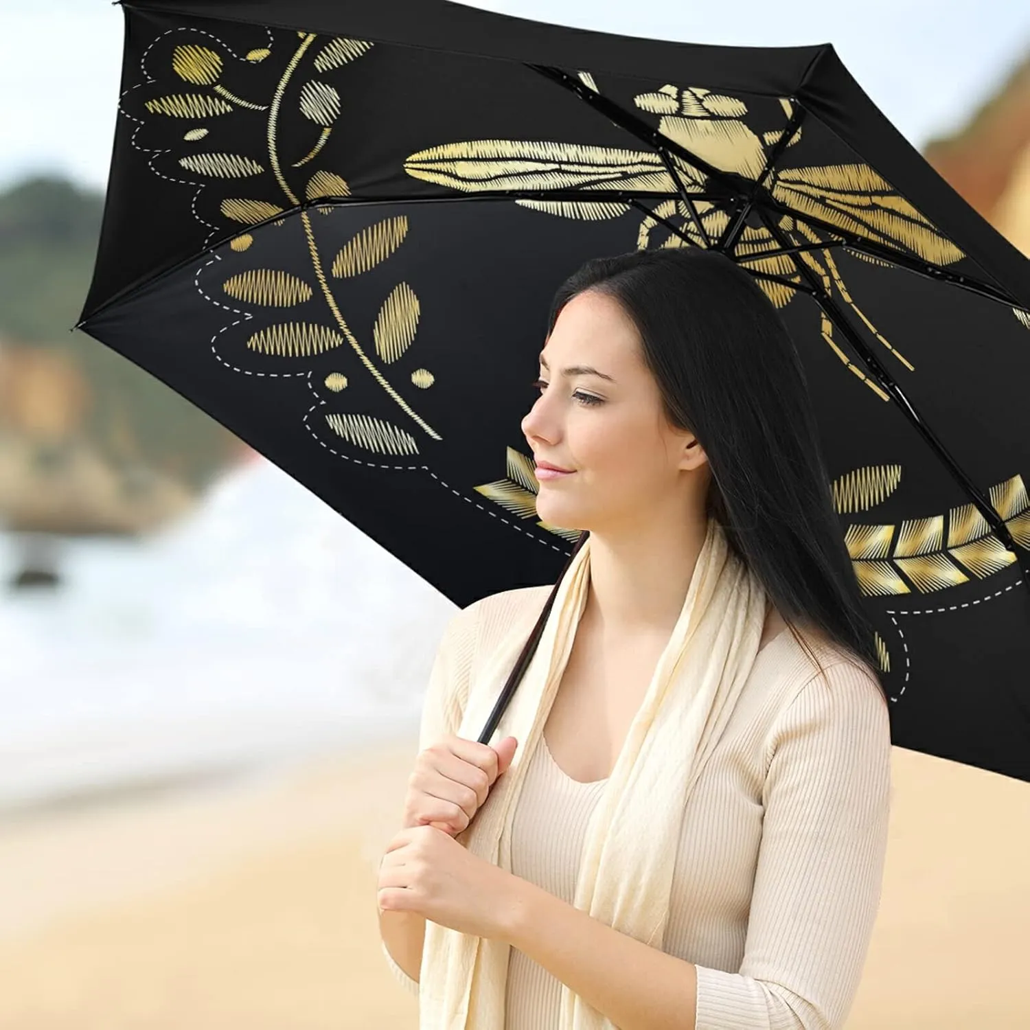Compact Lightweight Folding Umbrella, Inner Print Sun Parasol with UV Protection, Strong Portable Travel Rain Umbrella
