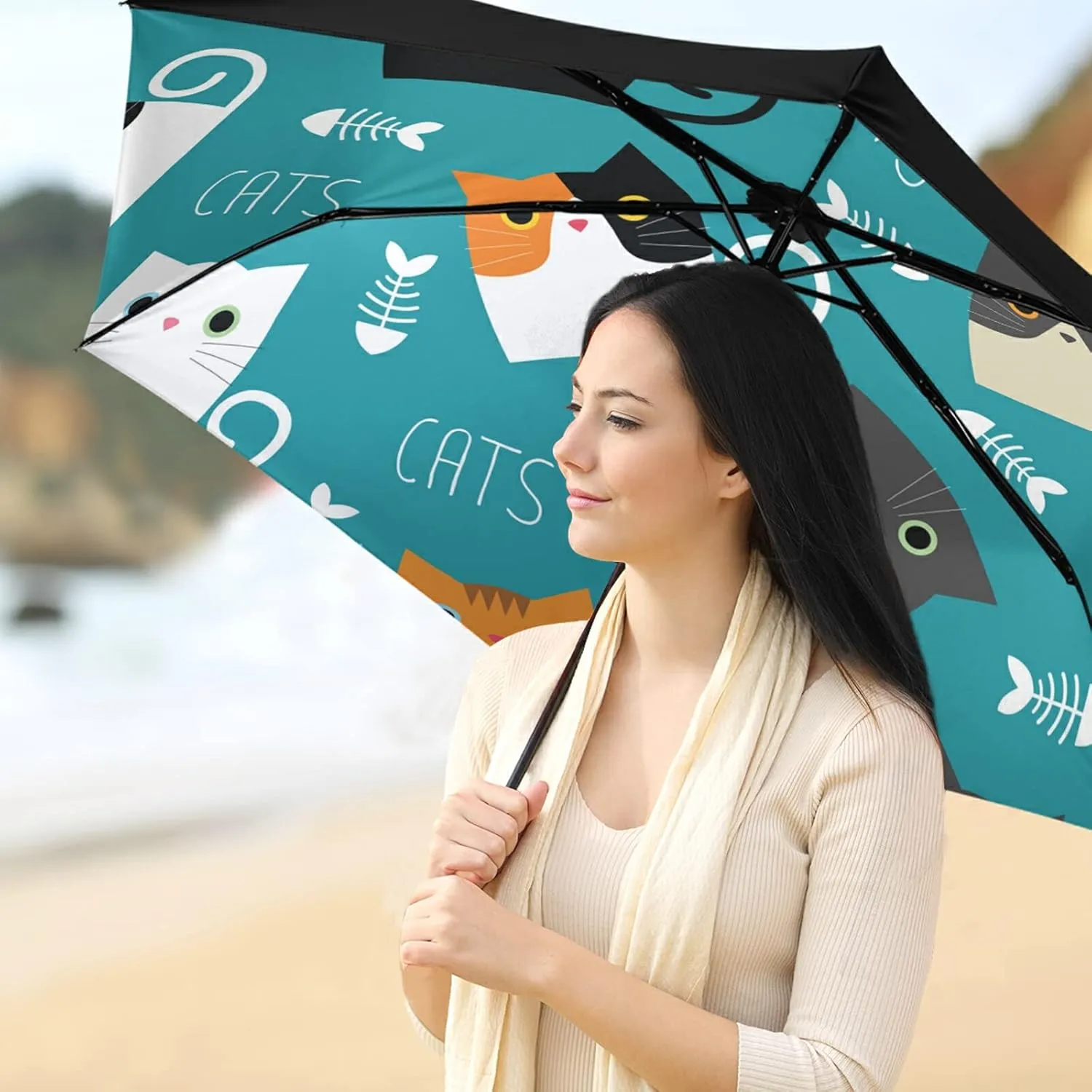 Compact Lightweight Folding Umbrella, Inner Print Sun Parasol with UV Protection, Strong Portable Travel Rain Umbrella