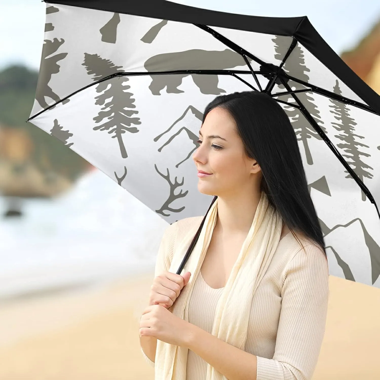 Compact Lightweight Folding Umbrella, Inner Print Sun Parasol with UV Protection, Strong Portable Travel Rain Umbrella