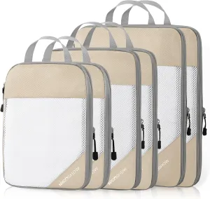 Compression Packing Cubes 6 Set, Compressible Space-Saving Packing Cubes for Travel - Compression Bags, Luggage Organizer, Travel Essentials for Women, Beige