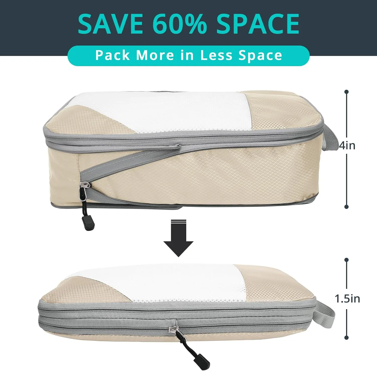 Compression Packing Cubes 6 Set, Compressible Space-Saving Packing Cubes for Travel - Compression Bags, Luggage Organizer, Travel Essentials for Women, Beige