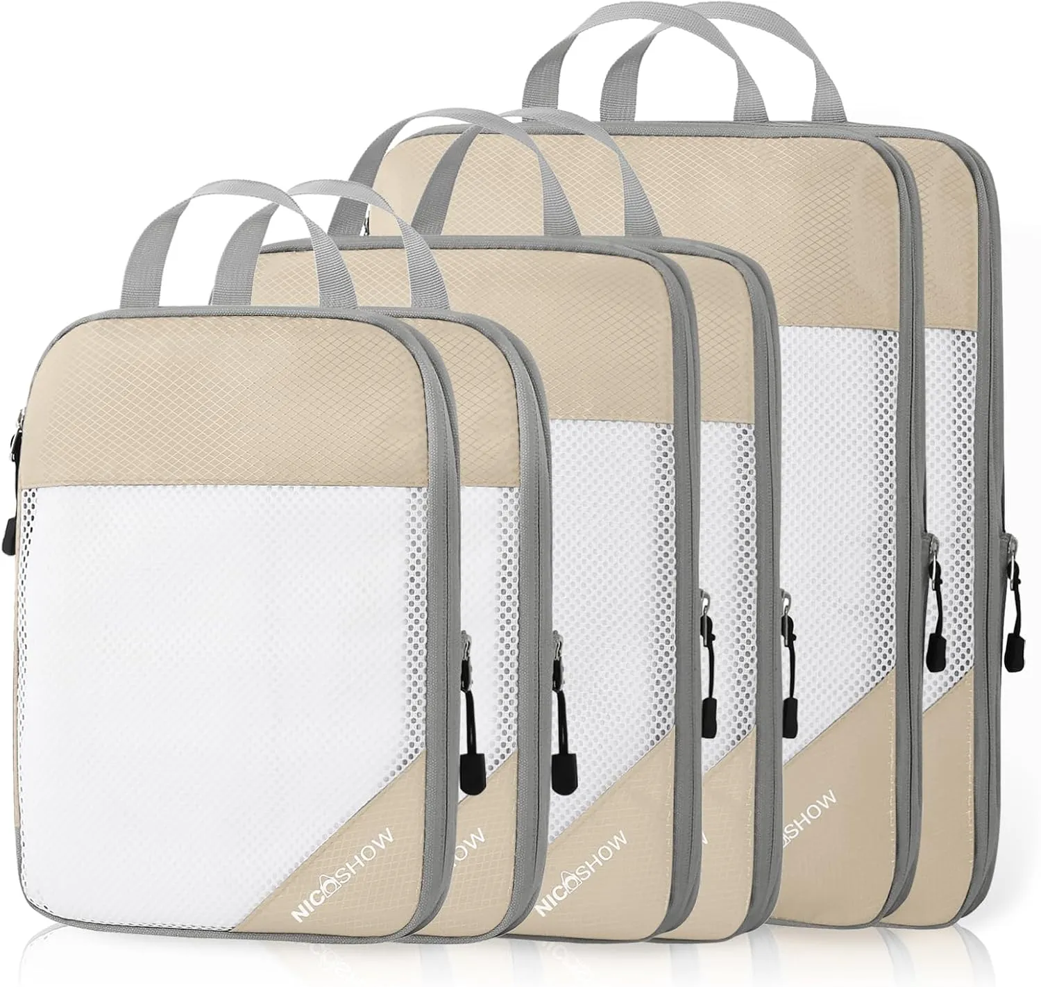 Compression Packing Cubes 6 Set, Compressible Space-Saving Packing Cubes for Travel - Compression Bags, Luggage Organizer, Travel Essentials for Women, Beige