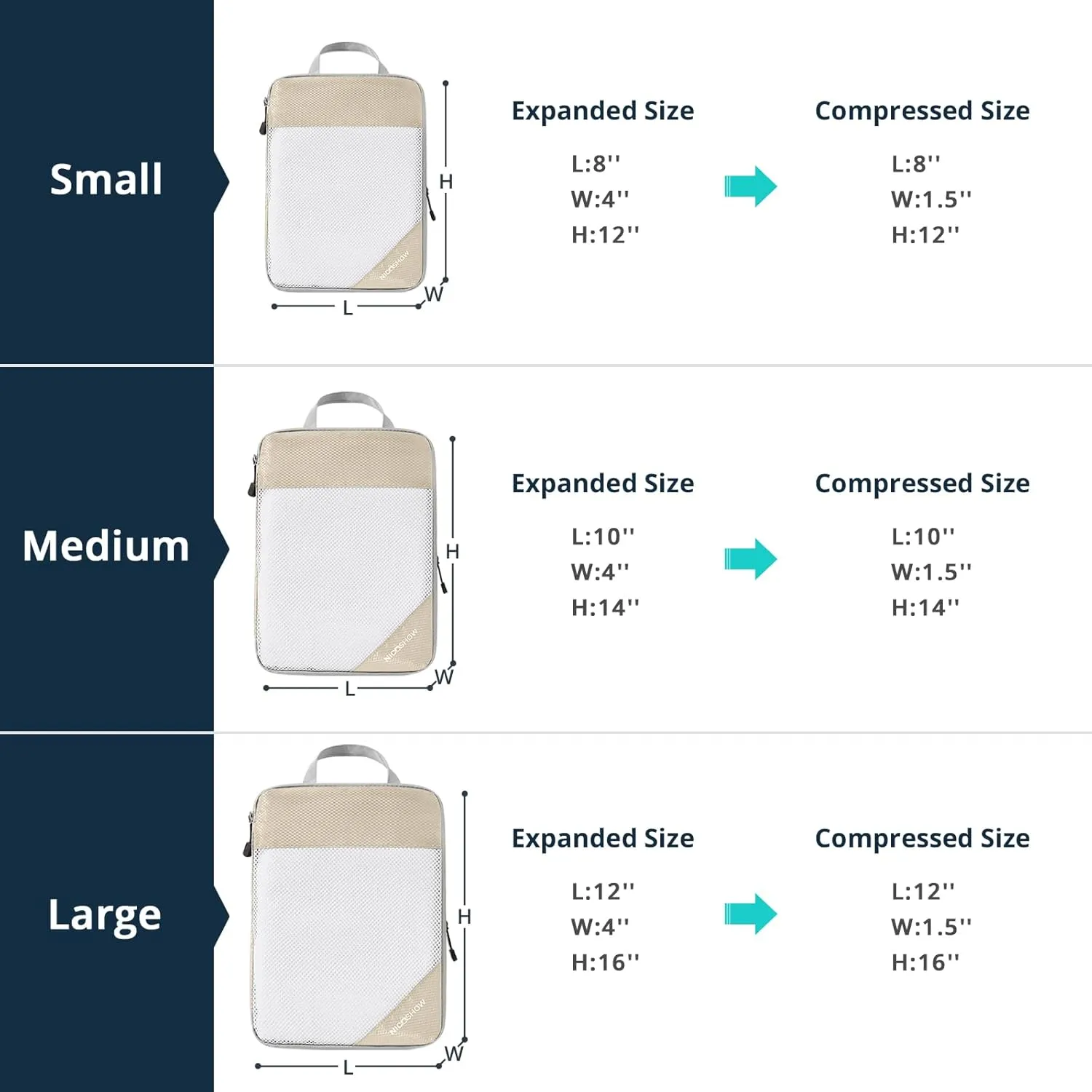 Compression Packing Cubes 6 Set, Compressible Space-Saving Packing Cubes for Travel - Compression Bags, Luggage Organizer, Travel Essentials for Women, Beige
