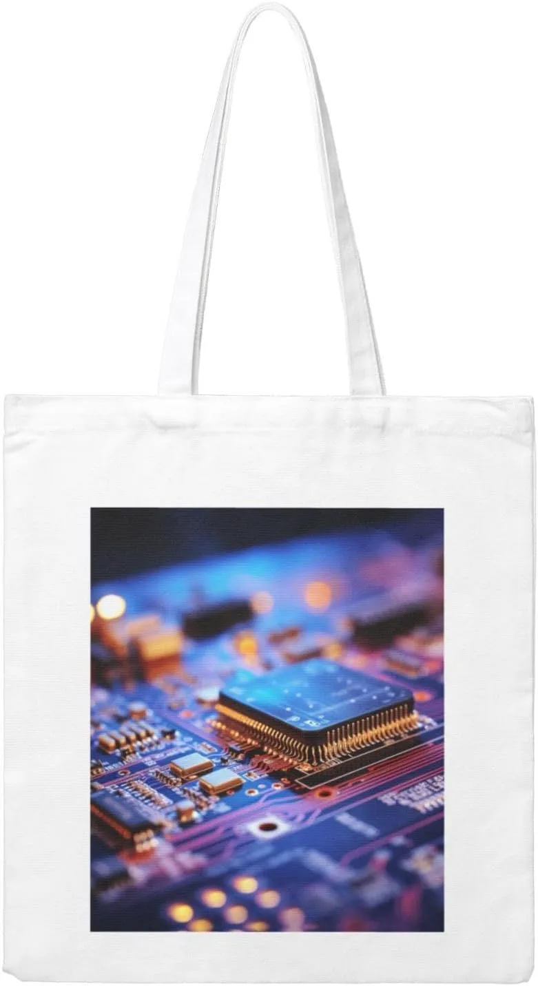 Computer Processor with Magic Light Print Canvas Tote Bag Reusable Tote Shoulder Bag for Vacation, Shopping, Work, Gym