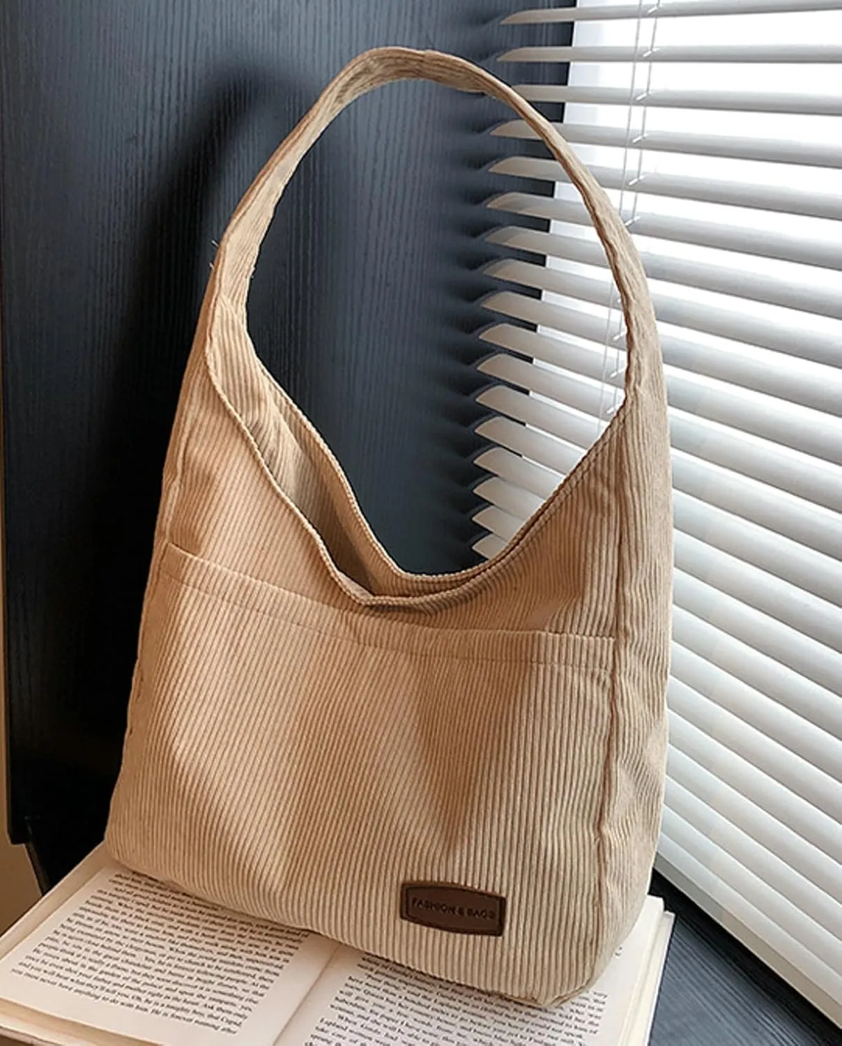 Corduroy Tote Bag Unisex Retro Handbag Multi Pocket Shoulder Work College Satchel Compartment Messenger Purse