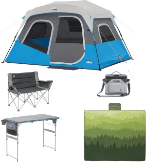 CORE 6 Person Lighted Instant Cabin Tent Bundle with Camp Table, Loveseat, Blanket, and Cooler