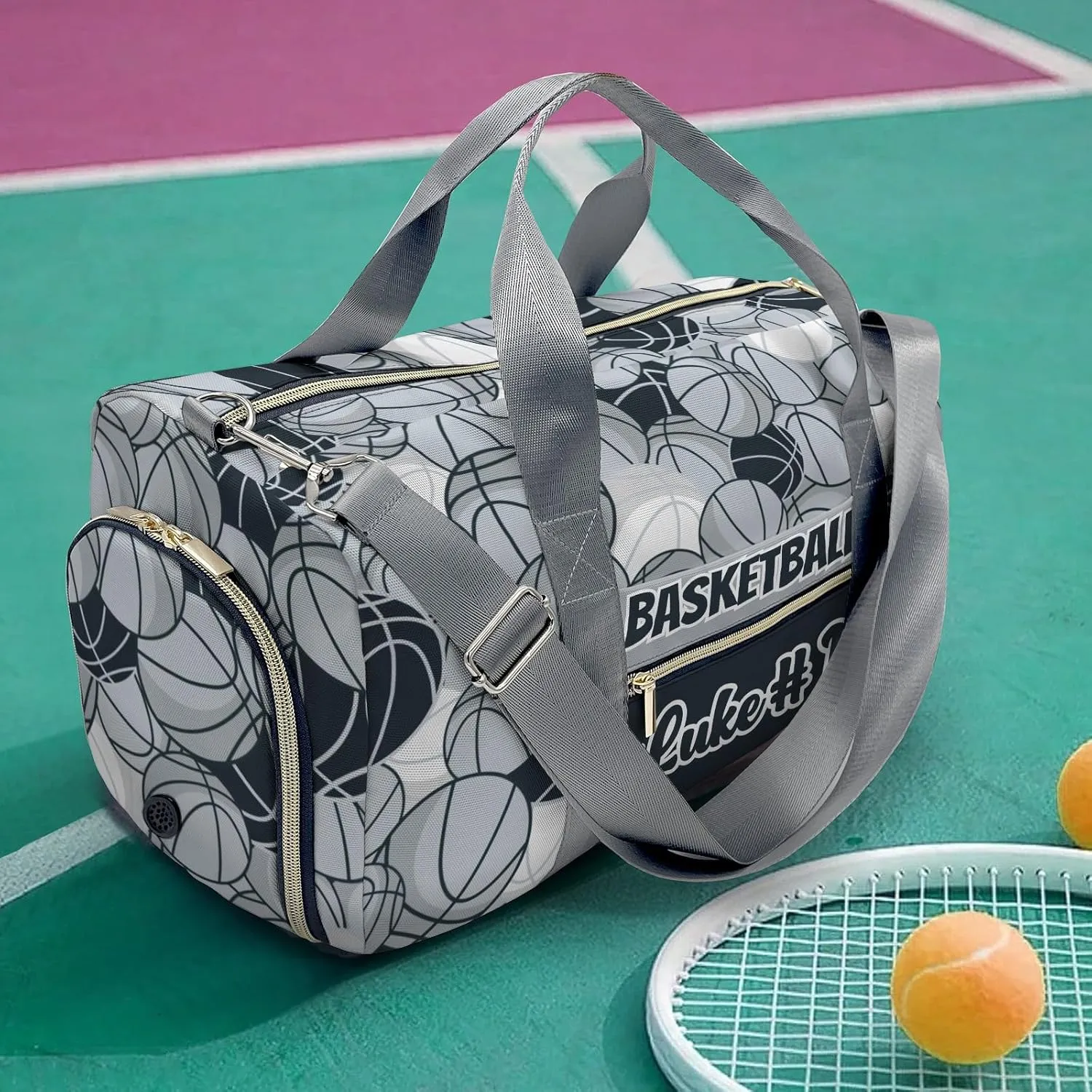 Custom Basketball Pattern Grey Navy Gym Bags Duffel Bag with Name Adjustable Shoulder Strap Bags