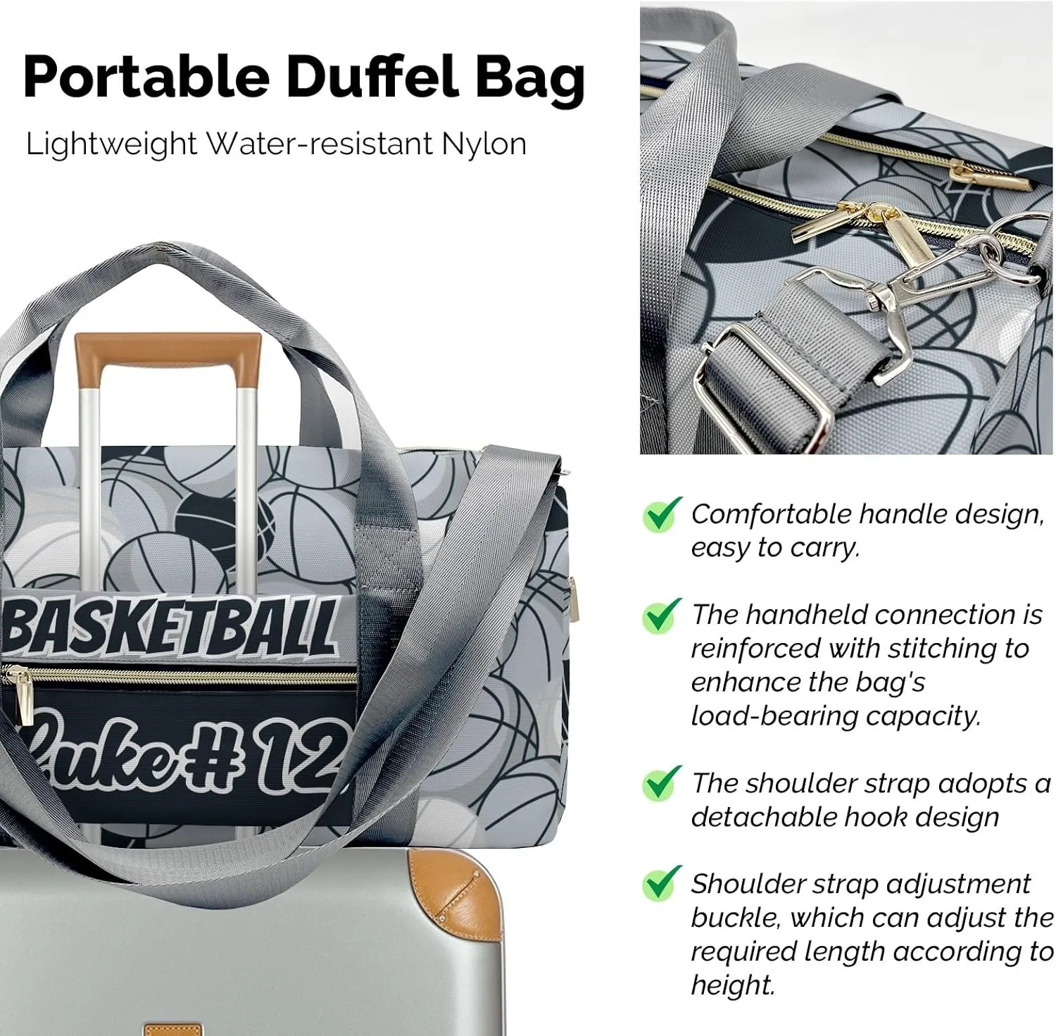 Custom Basketball Pattern Grey Navy Gym Bags Duffel Bag with Name Adjustable Shoulder Strap Bags