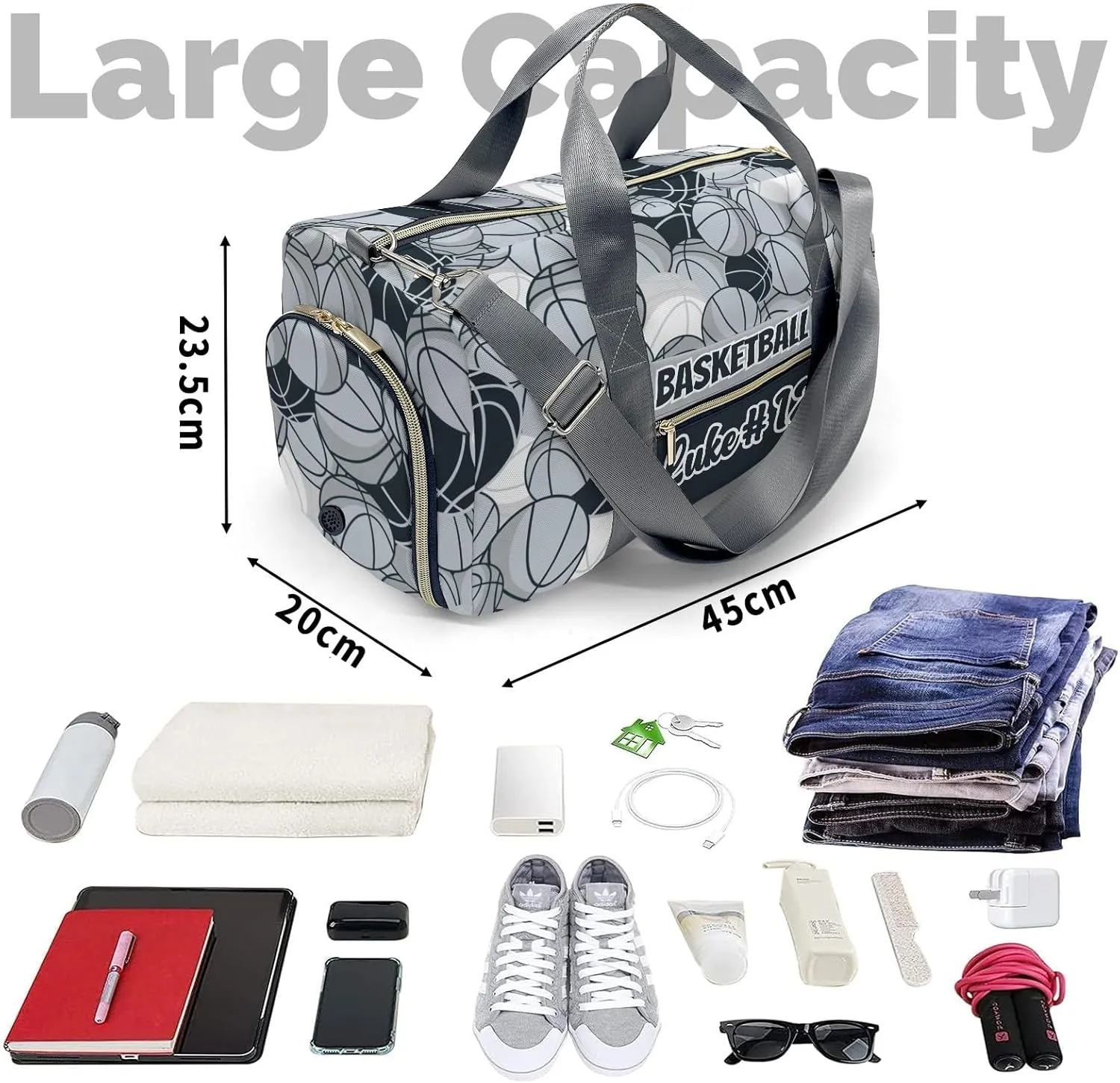 Custom Basketball Pattern Grey Navy Gym Bags Duffel Bag with Name Adjustable Shoulder Strap Bags