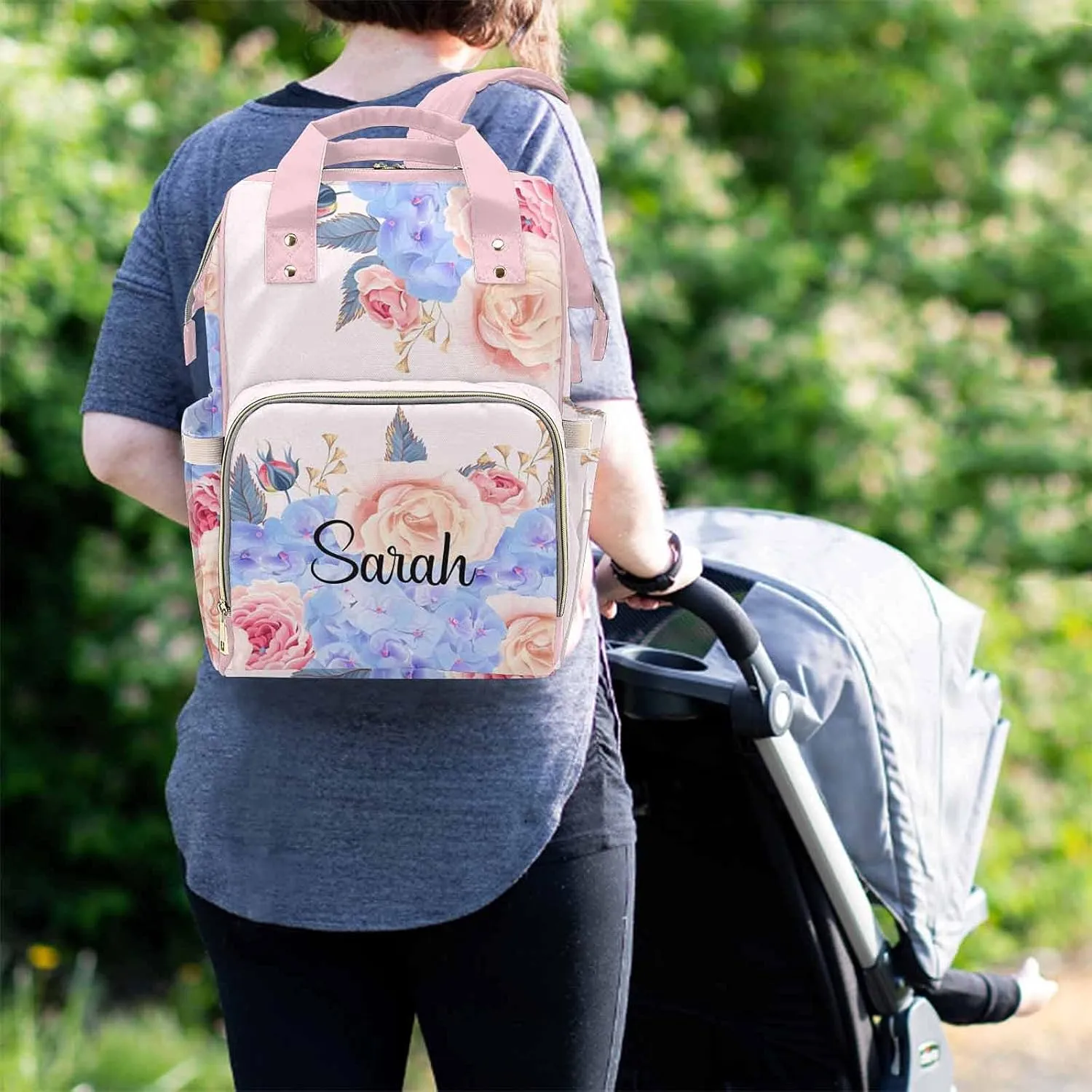 Custom Blue and Pink Roses Monogram Diaper Bag Backpack with Name Customized Mommy Nursing Baby Bags Nappy Bag Casual Travel Daypack for Mom Girl