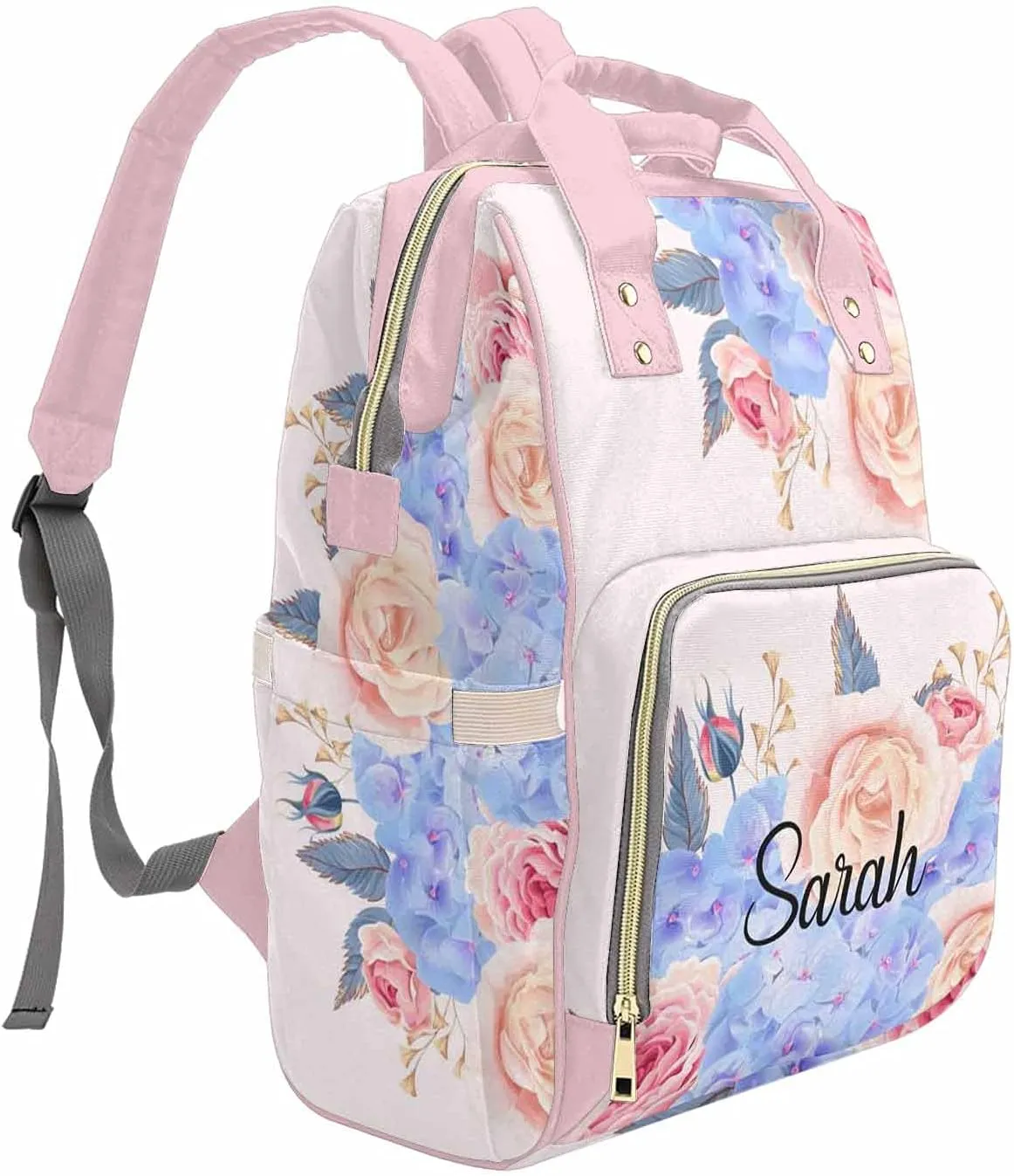 Custom Blue and Pink Roses Monogram Diaper Bag Backpack with Name Customized Mommy Nursing Baby Bags Nappy Bag Casual Travel Daypack for Mom Girl