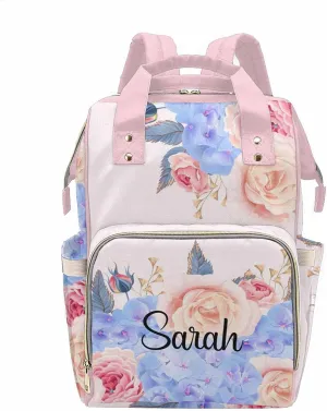 Custom Blue and Pink Roses Monogram Diaper Bag Backpack with Name Customized Mommy Nursing Baby Bags Nappy Bag Casual Travel Daypack for Mom Girl