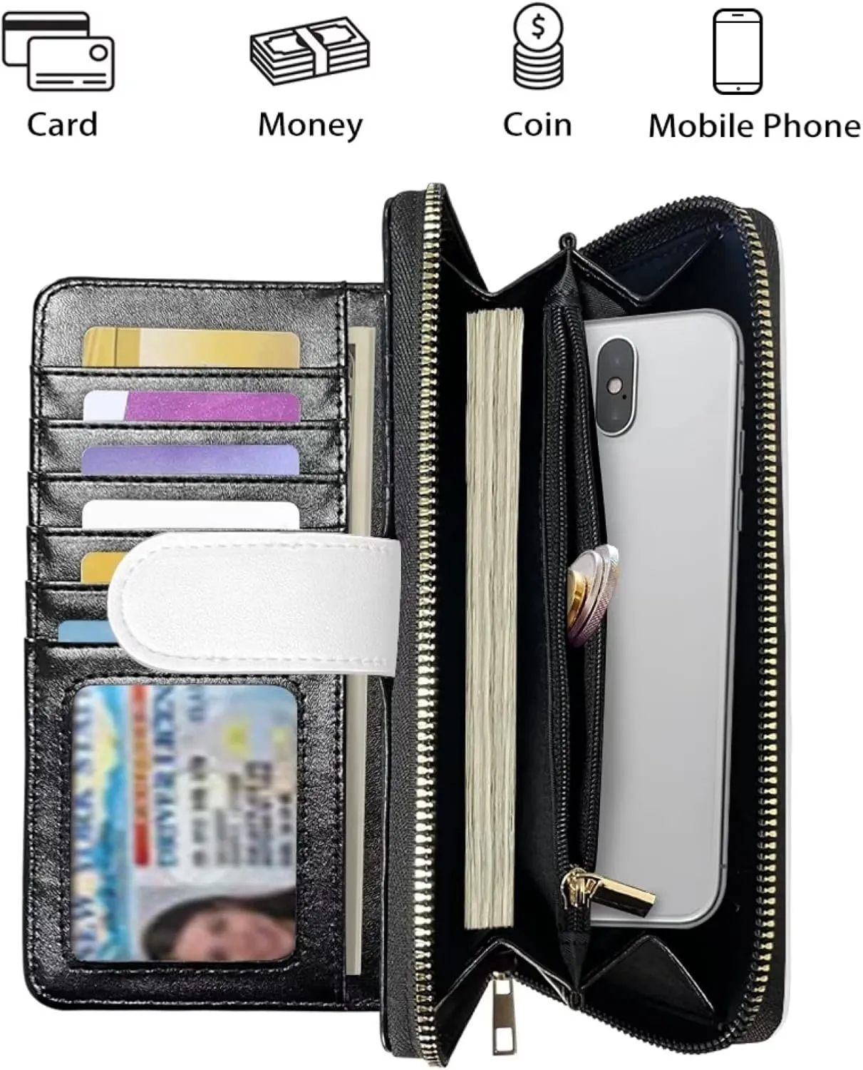 Custom Design Women Wallet RFID Blocking Zip Around Clutch Women Leather Cell Phone Case Credit Card Holder