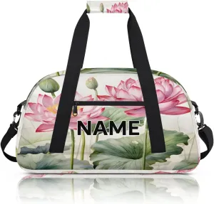 Custom Floral Small Gym Bag 18 inch for Women Men Personalized Lotus Flower Carry On Overnight Weekender Bag for Travel Work Dance Sport