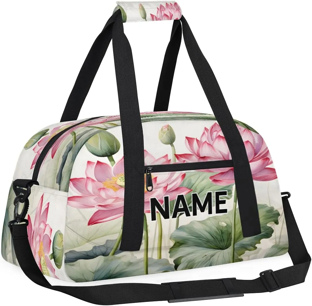 Custom Floral Small Gym Bag 18 inch for Women Men Personalized Lotus Flower Carry On Overnight Weekender Bag for Travel Work Dance Sport