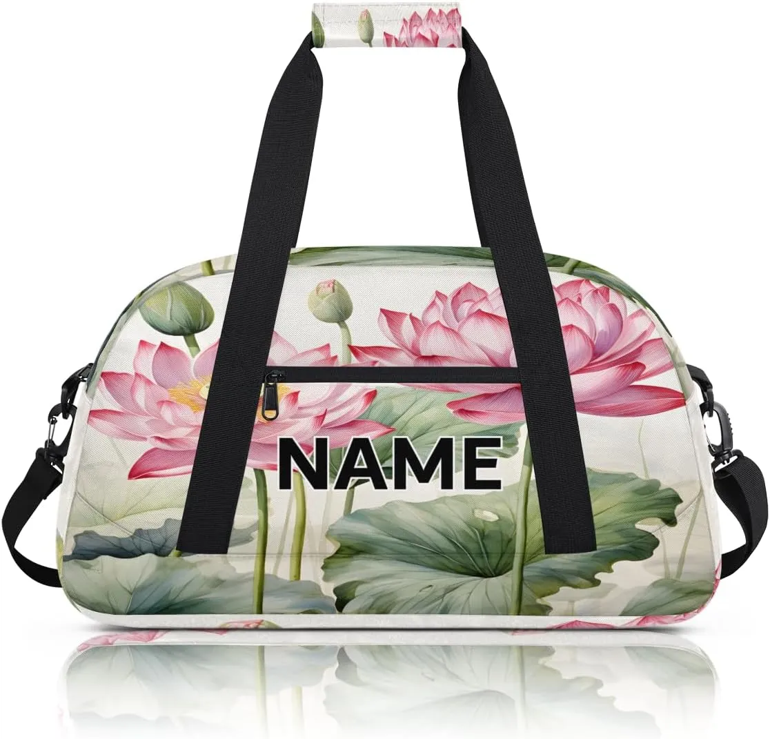 Custom Floral Small Gym Bag 18 inch for Women Men Personalized Lotus Flower Carry On Overnight Weekender Bag for Travel Work Dance Sport