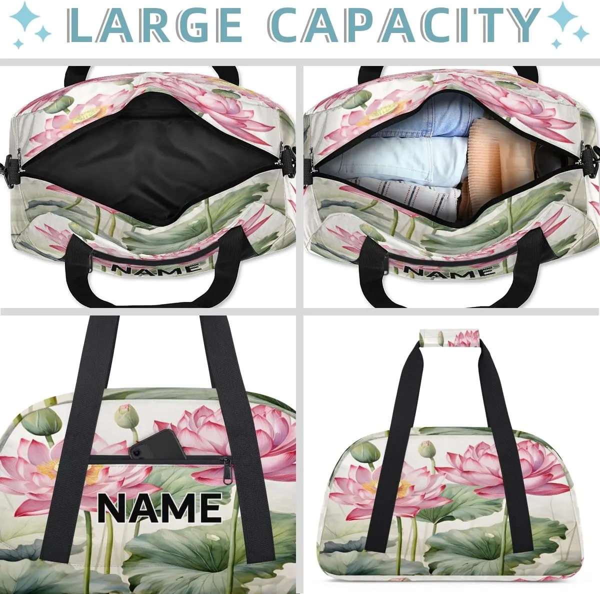 Custom Floral Small Gym Bag 18 inch for Women Men Personalized Lotus Flower Carry On Overnight Weekender Bag for Travel Work Dance Sport