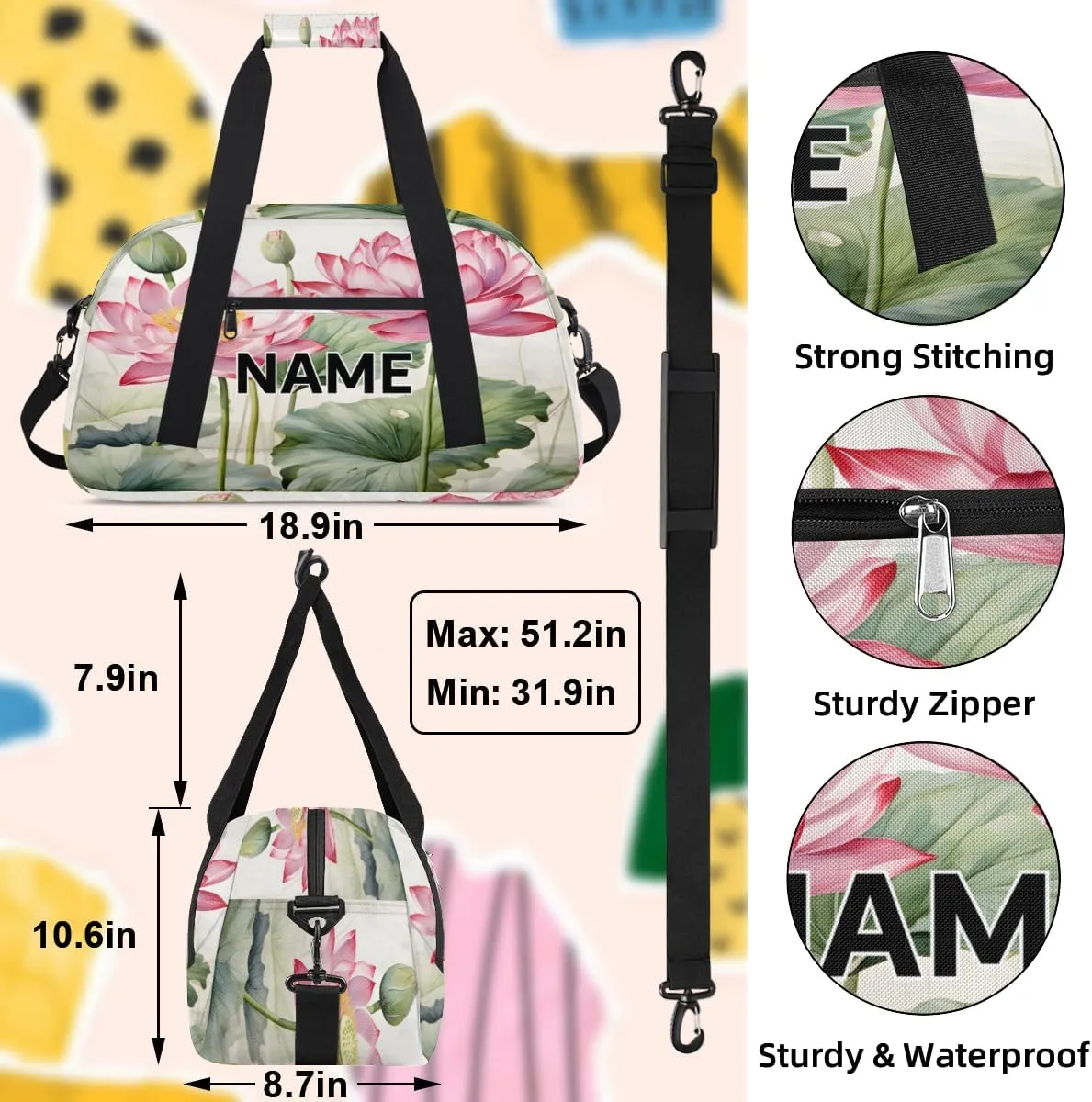 Custom Floral Small Gym Bag 18 inch for Women Men Personalized Lotus Flower Carry On Overnight Weekender Bag for Travel Work Dance Sport