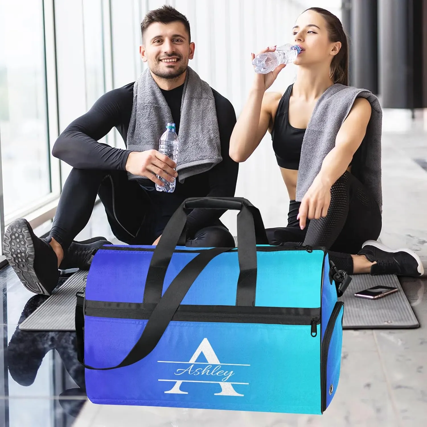 Custom Sports Duffel Bag with Shoe Compartment Personalized Name Dance Gym Bag for Women Overnight Weekender Travel Duffel Bags, Multi Blue
