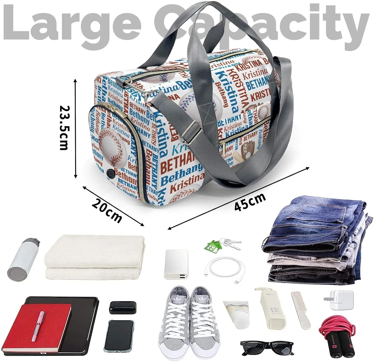 Custon Name Gym Sport Yoga Duffel Bag Sport Player Travel Bag, Baseball Word Cloud Text Sport Gym Bag Personalized Gift for Women Men Travel Hand Bag Carry on Bag