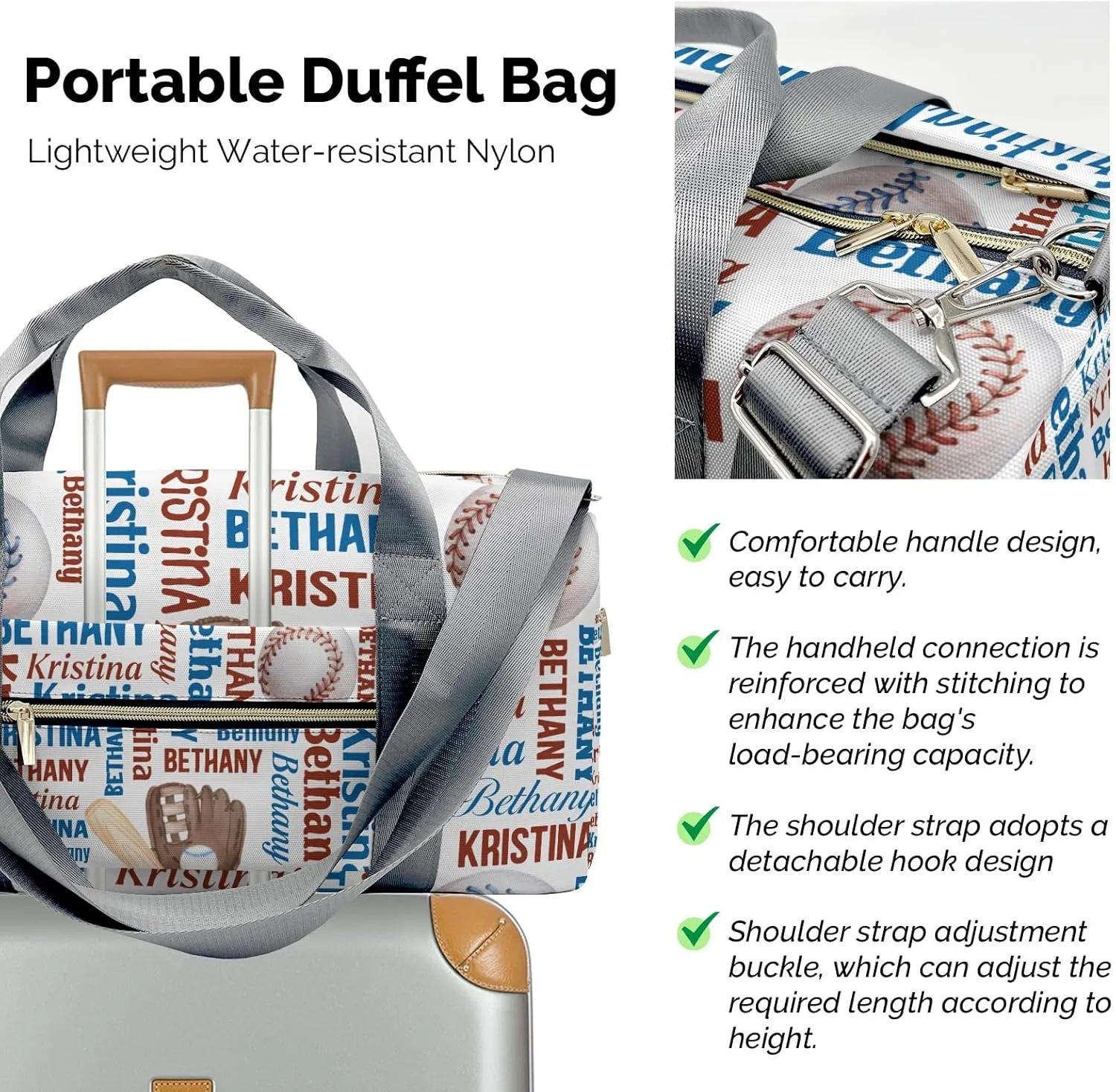 Custon Name Gym Sport Yoga Duffel Bag Sport Player Travel Bag, Baseball Word Cloud Text Sport Gym Bag Personalized Gift for Women Men Travel Hand Bag Carry on Bag