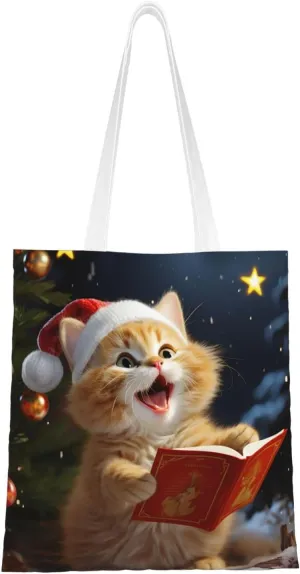 Cute Cat Sing Christmas Carols Canvas Tote Bag Reusable Grocery Bags Shopping Bags Large Canvas Bags with Handles