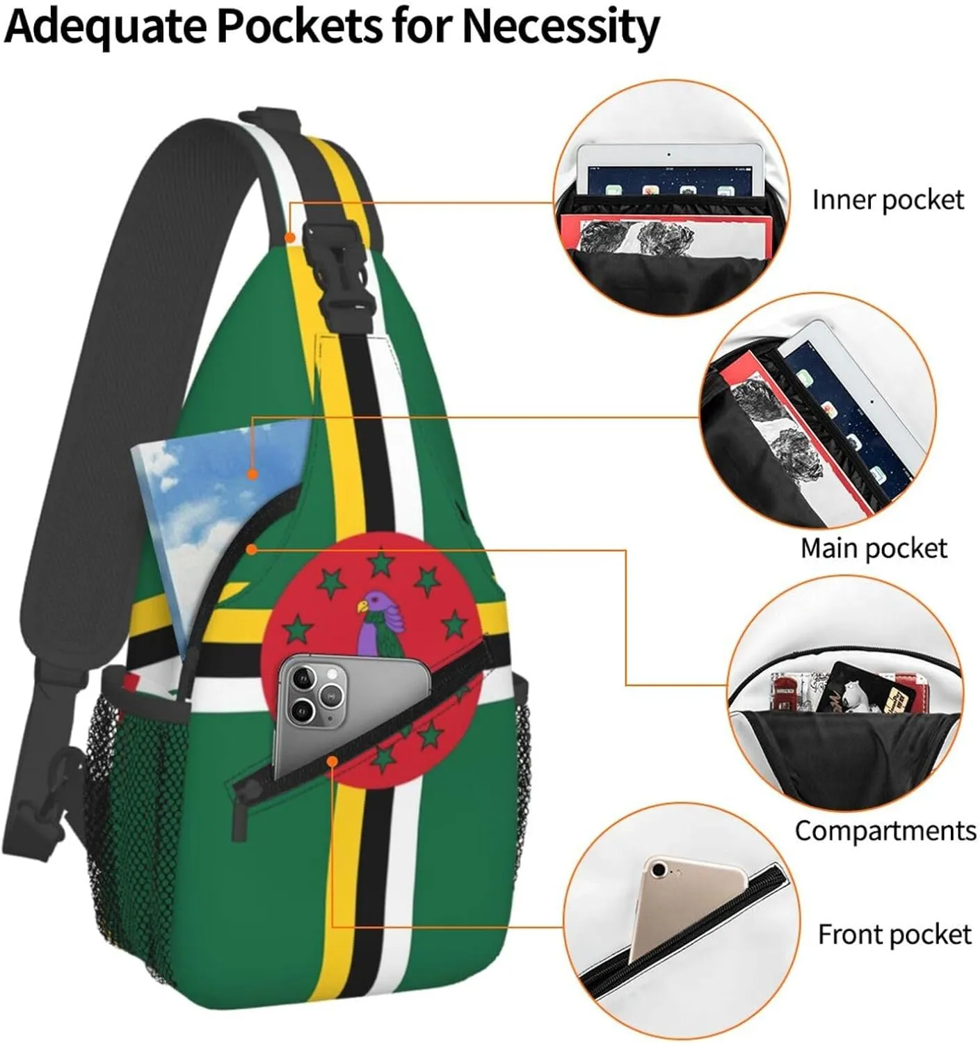 Cute Dominica Flag Bags Women Men Adjustable Crossbody Sling Backpack Casual Chest Bag Daypack for Travel Hiking