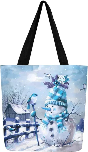 Cute Snowman Canvas Tote Bag,Merry Christmas Shopping Canvas Bags