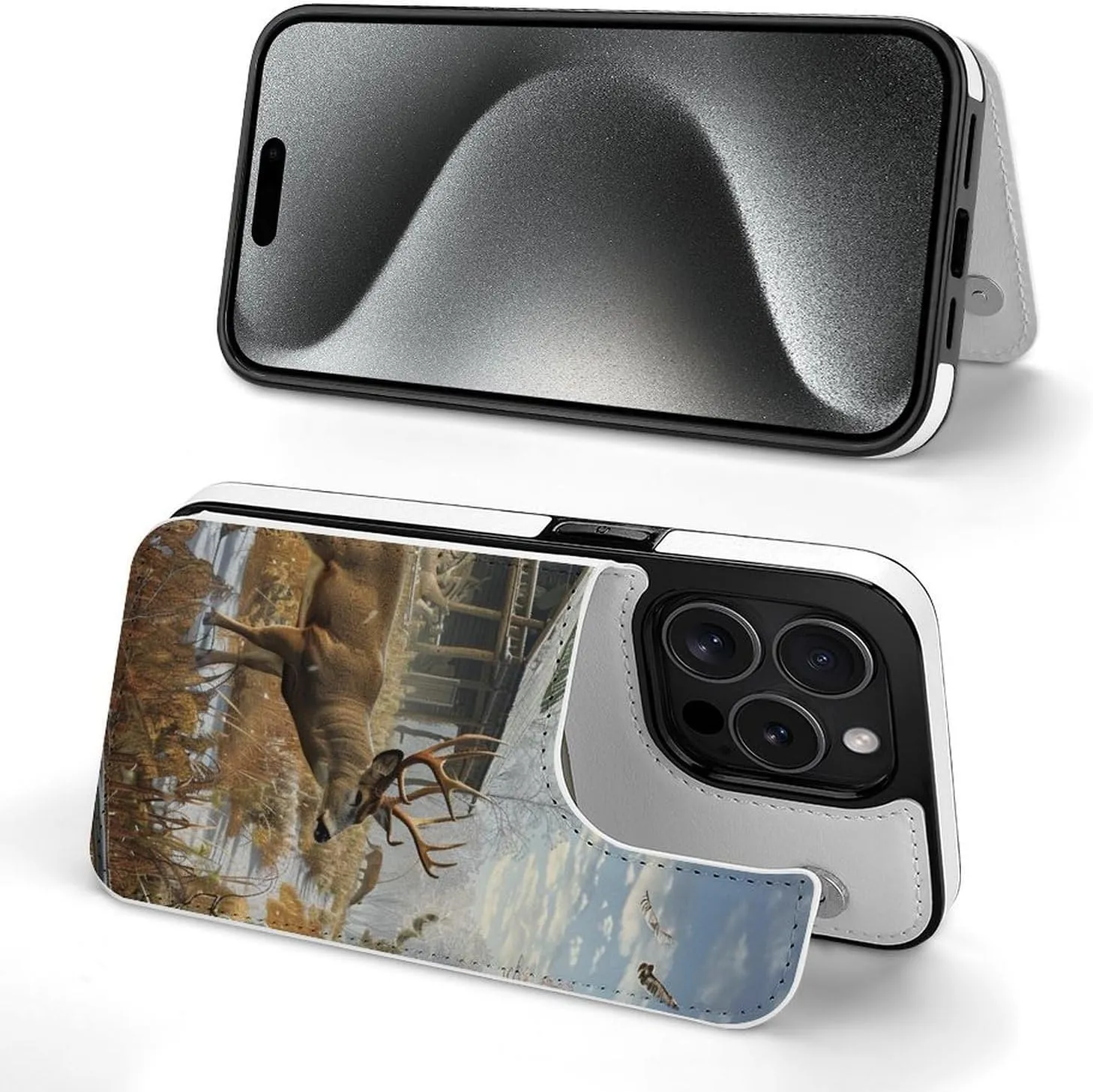 Deer Hunting Printed Wallet Case for iPhone 15 Pro - Flip Leather Wallet Phone Cases Cover with Card Slots