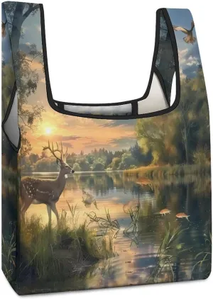 Deer Wildlife Hunting in Sunset Grocery Shopping Bags Foldable Tote Bags Casual Handbags Purses Work Bag for Women