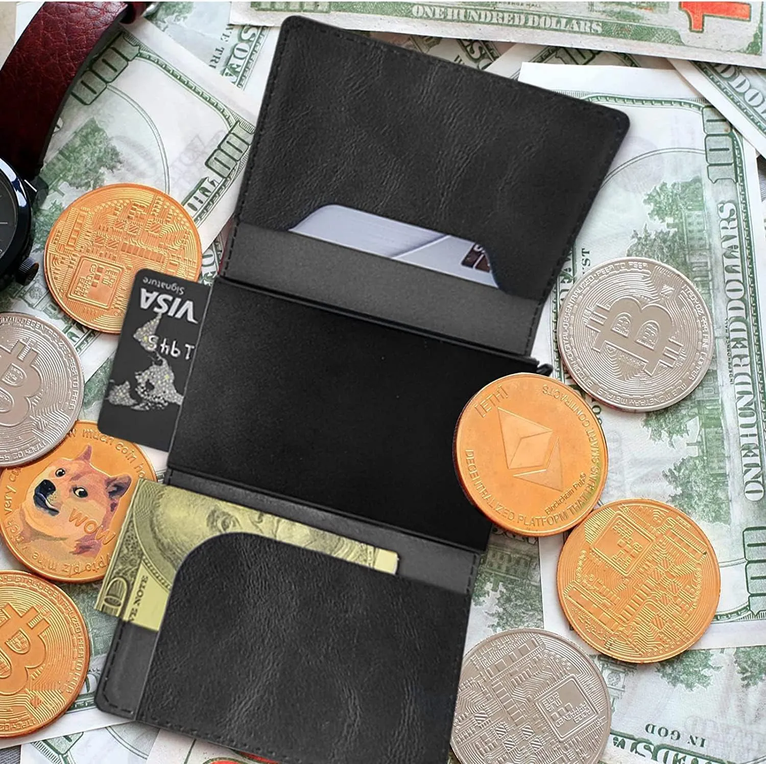DEGDFSGR Credit Card Holder Aluminum Auto Pop Up Wallet Case,Leather Card Case Front Pocket Trifold Wallet with RFID Blocking Banknote Slot Thin Wallets for Women Men Girl,Flag Sunflower