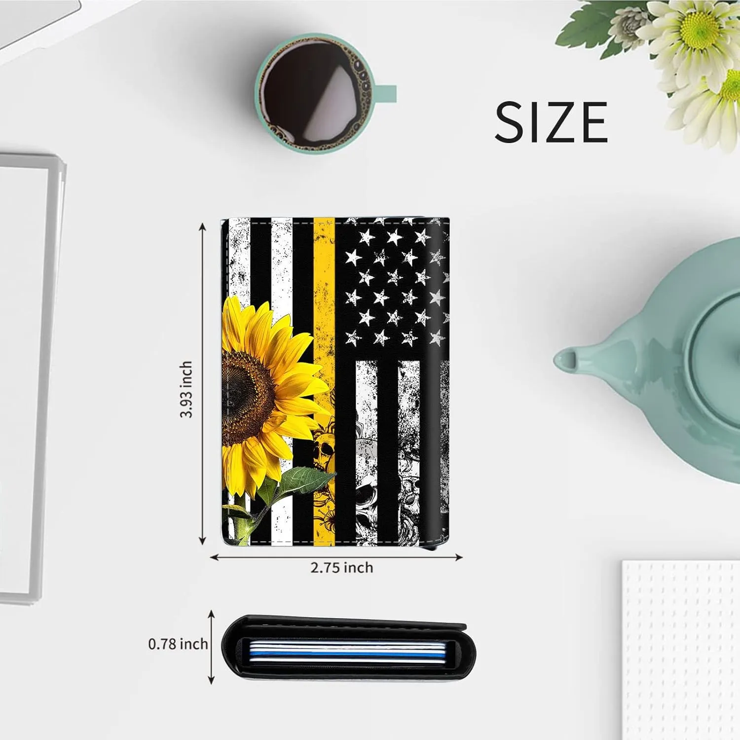DEGDFSGR Credit Card Holder Aluminum Auto Pop Up Wallet Case,Leather Card Case Front Pocket Trifold Wallet with RFID Blocking Banknote Slot Thin Wallets for Women Men Girl,Flag Sunflower