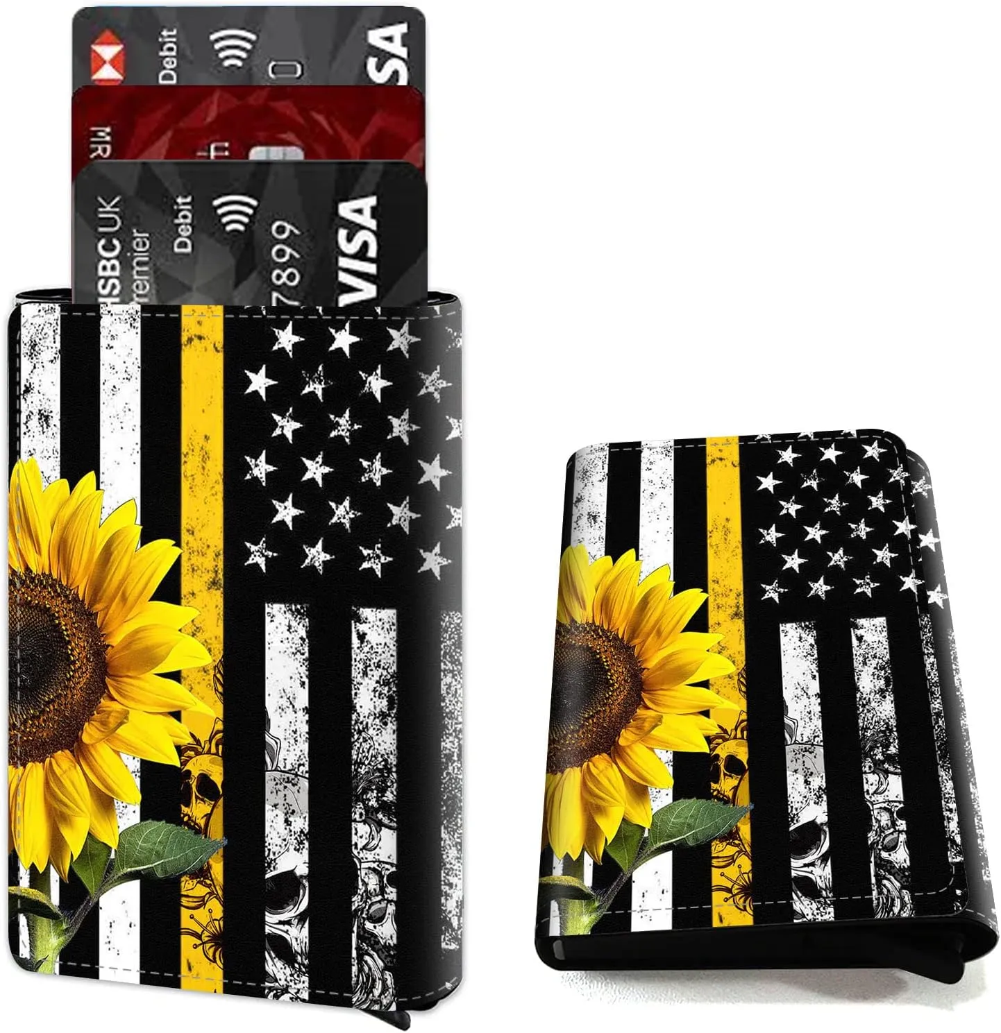 DEGDFSGR Credit Card Holder Aluminum Auto Pop Up Wallet Case,Leather Card Case Front Pocket Trifold Wallet with RFID Blocking Banknote Slot Thin Wallets for Women Men Girl,Flag Sunflower