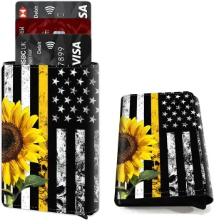 DEGDFSGR Credit Card Holder Aluminum Auto Pop Up Wallet Case,Leather Card Case Front Pocket Trifold Wallet with RFID Blocking Banknote Slot Thin Wallets for Women Men Girl,Flag Sunflower