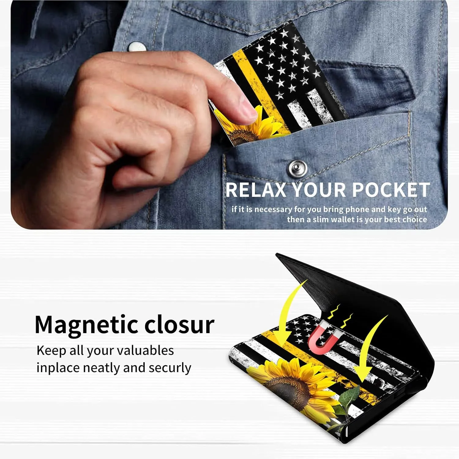 DEGDFSGR Credit Card Holder Aluminum Auto Pop Up Wallet Case,Leather Card Case Front Pocket Trifold Wallet with RFID Blocking Banknote Slot Thin Wallets for Women Men Girl,Flag Sunflower