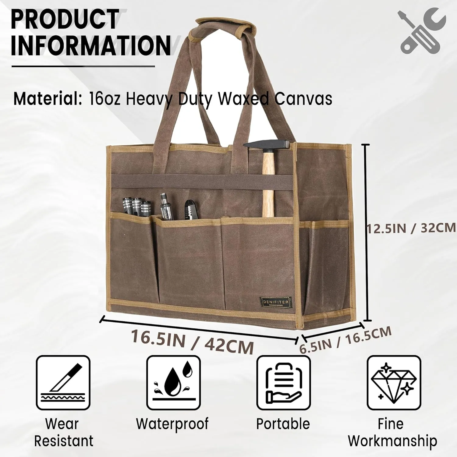 Denifiter Canvas Large Tool Bag - A Large Main Pocket and 14 Insert Pockets Garden Tool Tote Bag - Durable 16oz Waxed Canvas Tool Case with Handle - Tool not Included