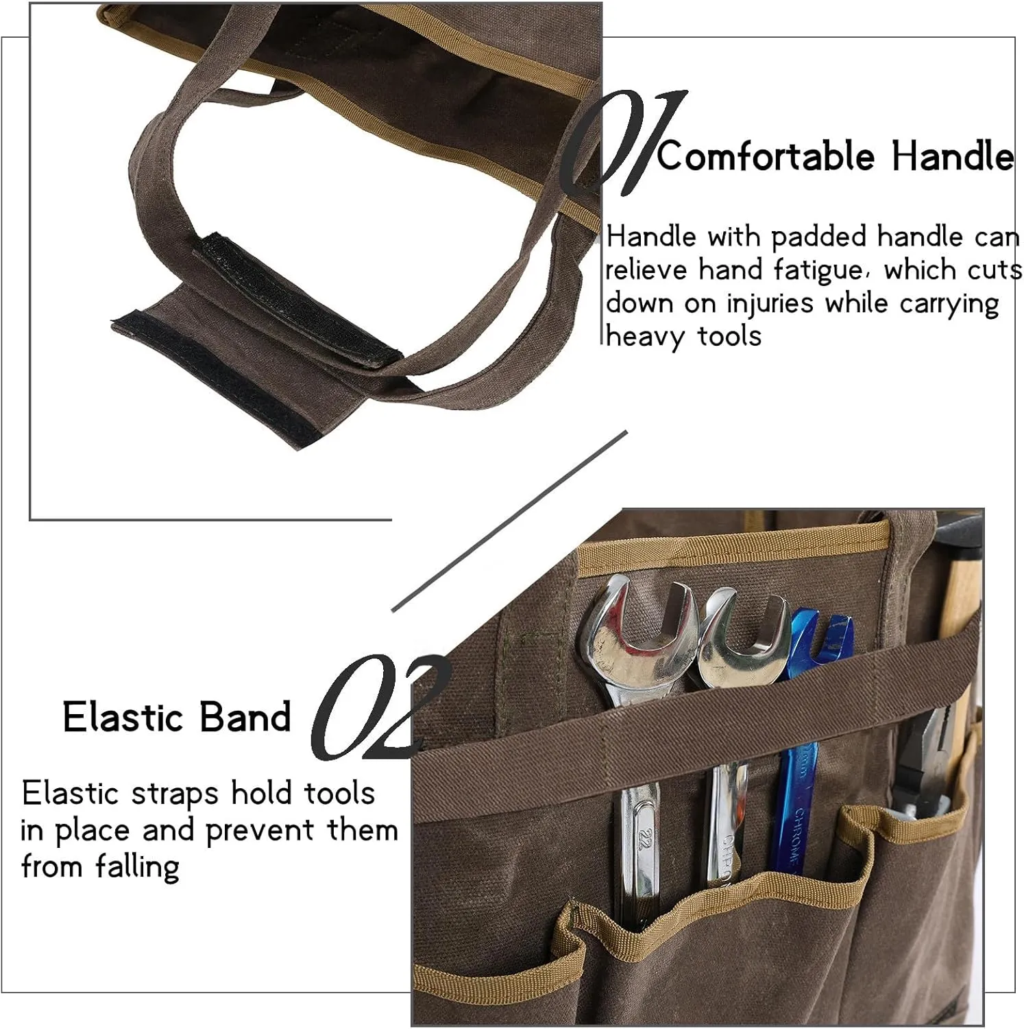 Denifiter Canvas Large Tool Bag - A Large Main Pocket and 14 Insert Pockets Garden Tool Tote Bag - Durable 16oz Waxed Canvas Tool Case with Handle - Tool not Included