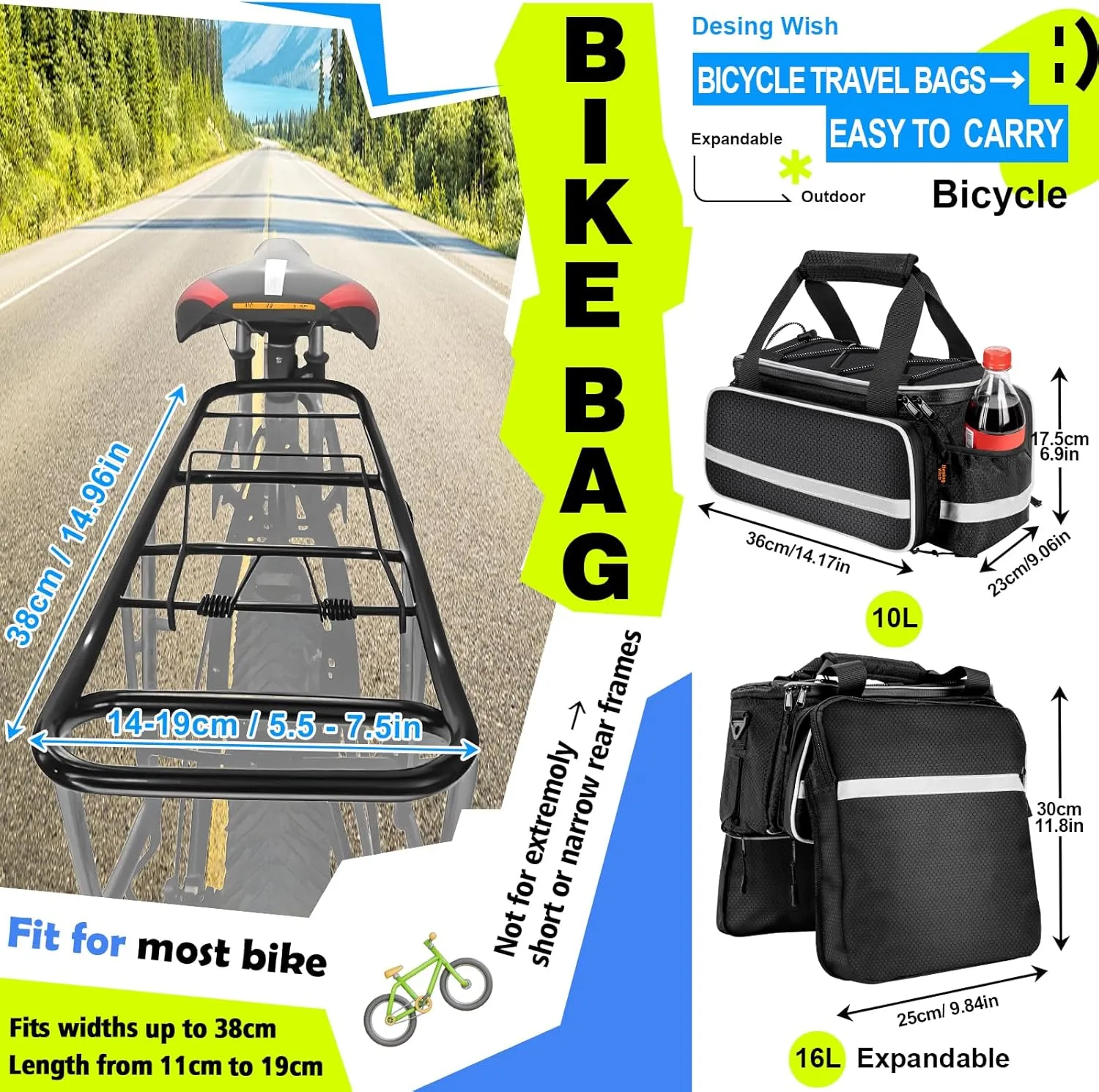 Desing Wish 16L Bike Bags for Bicycle Rear Rack Large Capacity Insulated Bicycle Rack Pouch Ebike Pannier Bag Bike Saddle Seat Pouch for Cycling Trip/Commuter (Black)
