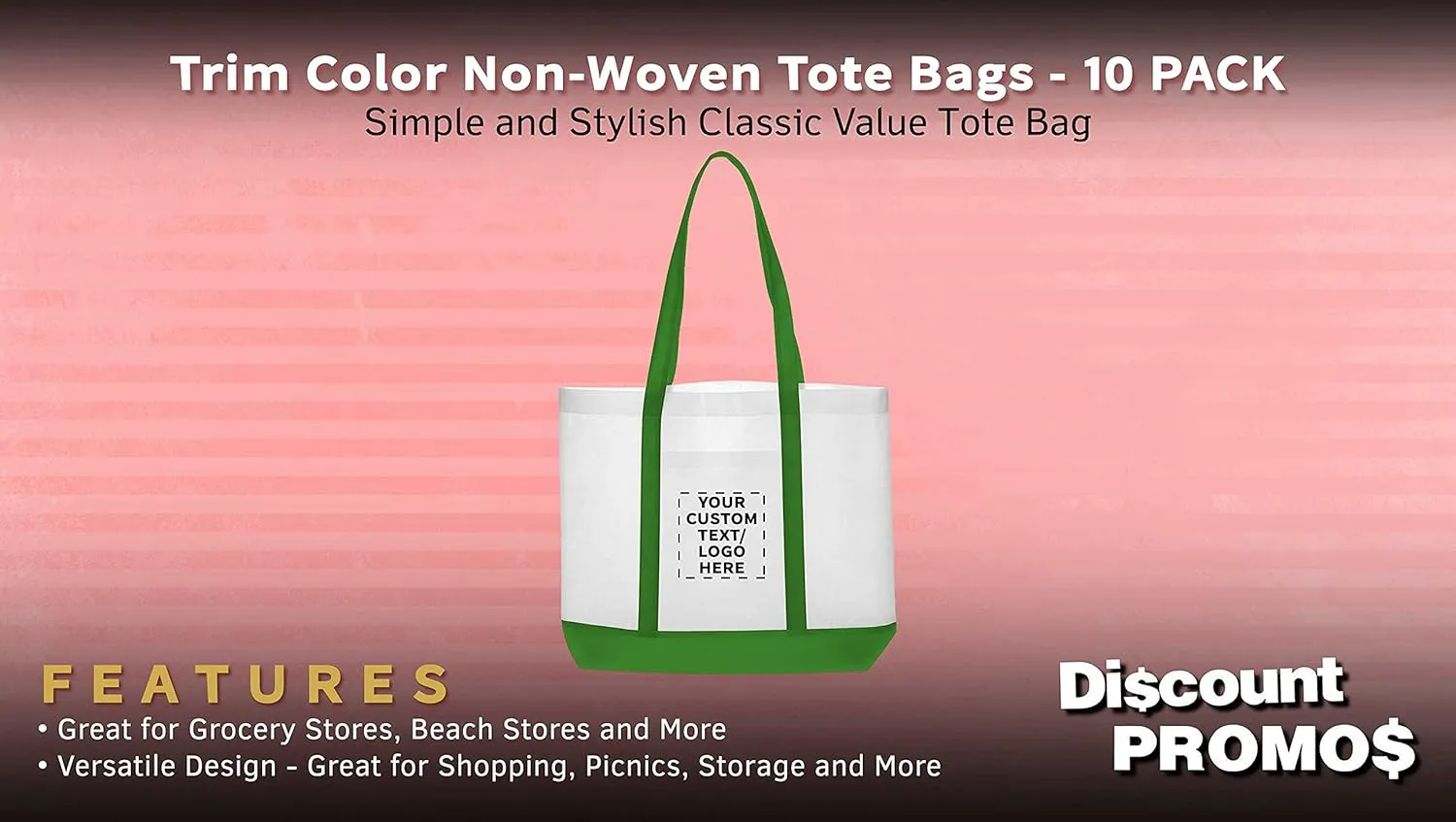 DISCOUNT PROMOS 10 Trim Color Non-Woven Tote Bags Set - Customizable Text, Logo - Durable, Water Resistant, Vibrant - Green - 18"X14"X3.5", Two tone, Front Pocket