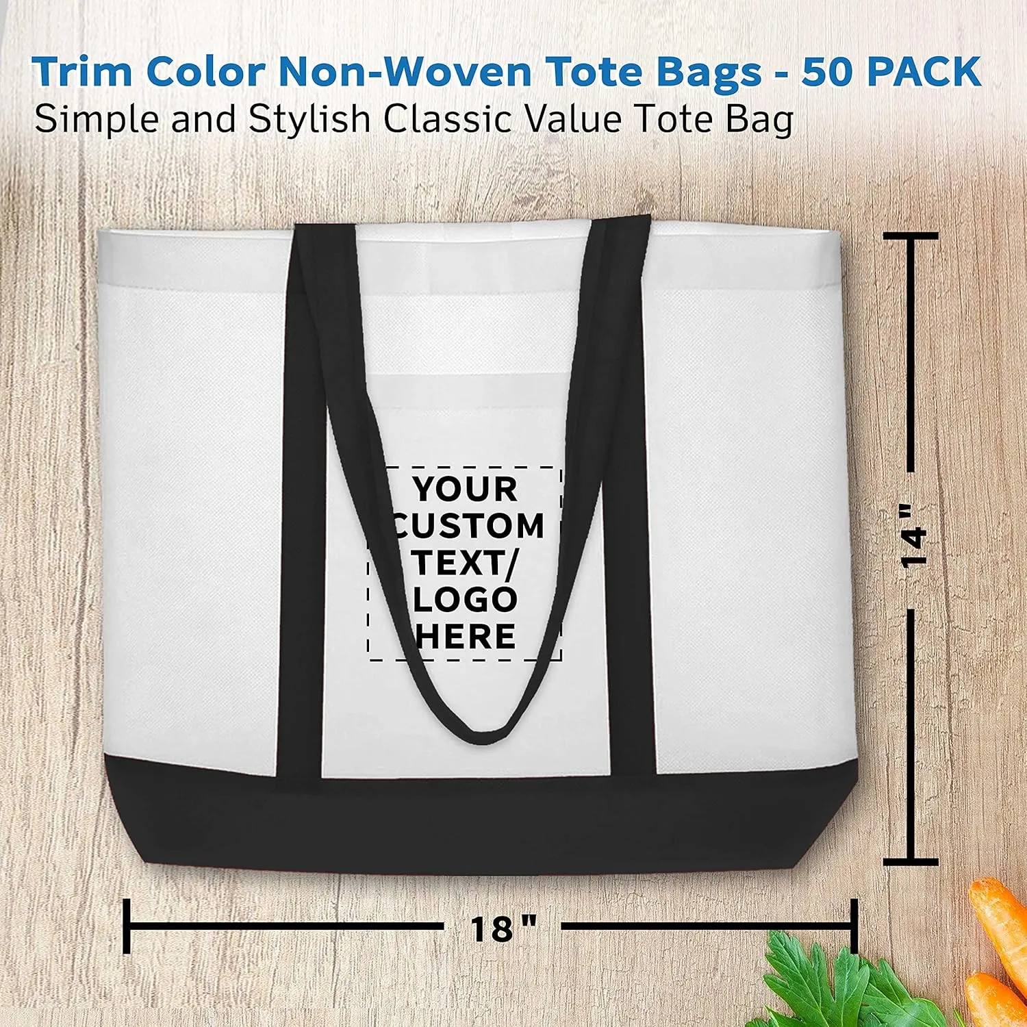 DISCOUNT PROMOS 50 Trim Color Non-Woven Tote Bags Set - Customizable Text, Logo - Durable, Water Resistant, Vibrant - Black - 18"X14"X3.5", Two tone, Front Pocket