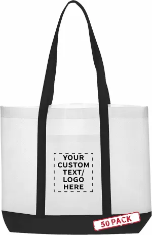 DISCOUNT PROMOS 50 Trim Color Non-Woven Tote Bags Set - Customizable Text, Logo - Durable, Water Resistant, Vibrant - Black - 18"X14"X3.5", Two tone, Front Pocket
