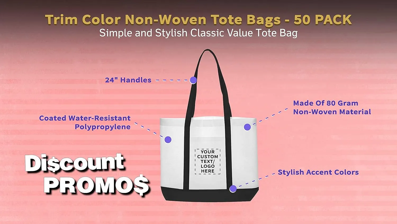 DISCOUNT PROMOS 50 Trim Color Non-Woven Tote Bags Set - Customizable Text, Logo - Durable, Water Resistant, Vibrant - Black - 18"X14"X3.5", Two tone, Front Pocket