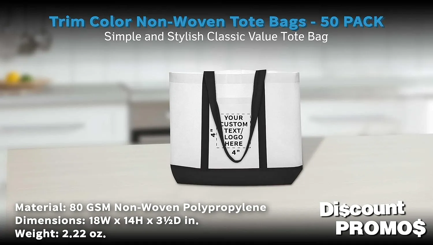 DISCOUNT PROMOS 50 Trim Color Non-Woven Tote Bags Set - Customizable Text, Logo - Durable, Water Resistant, Vibrant - Black - 18"X14"X3.5", Two tone, Front Pocket