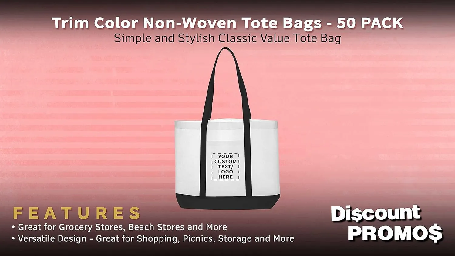 DISCOUNT PROMOS 50 Trim Color Non-Woven Tote Bags Set - Customizable Text, Logo - Durable, Water Resistant, Vibrant - Black - 18"X14"X3.5", Two tone, Front Pocket