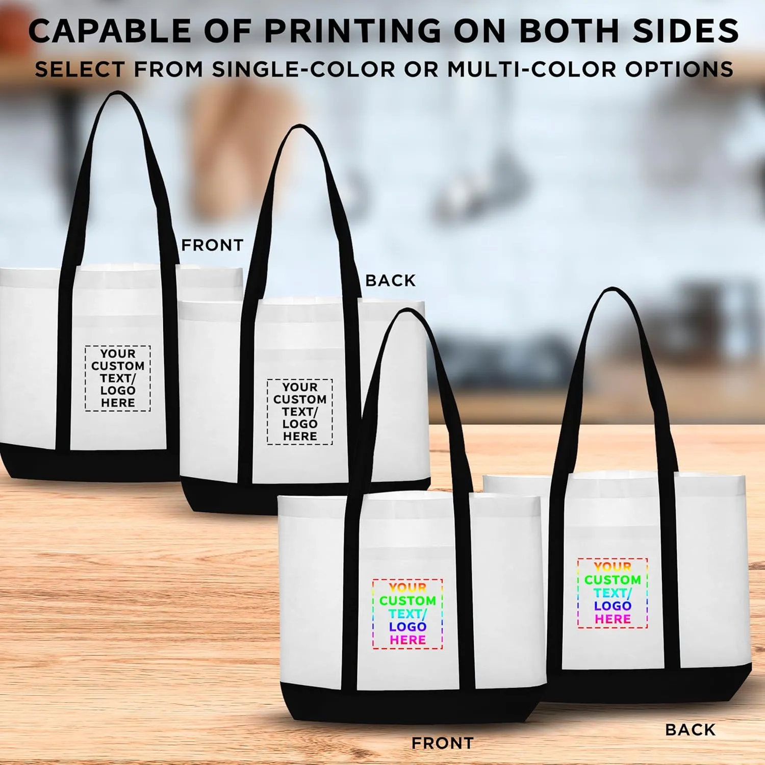 DISCOUNT PROMOS 50 Trim Color Non-Woven Tote Bags Set - Customizable Text, Logo - Durable, Water Resistant, Vibrant - Black - 18"X14"X3.5", Two tone, Front Pocket