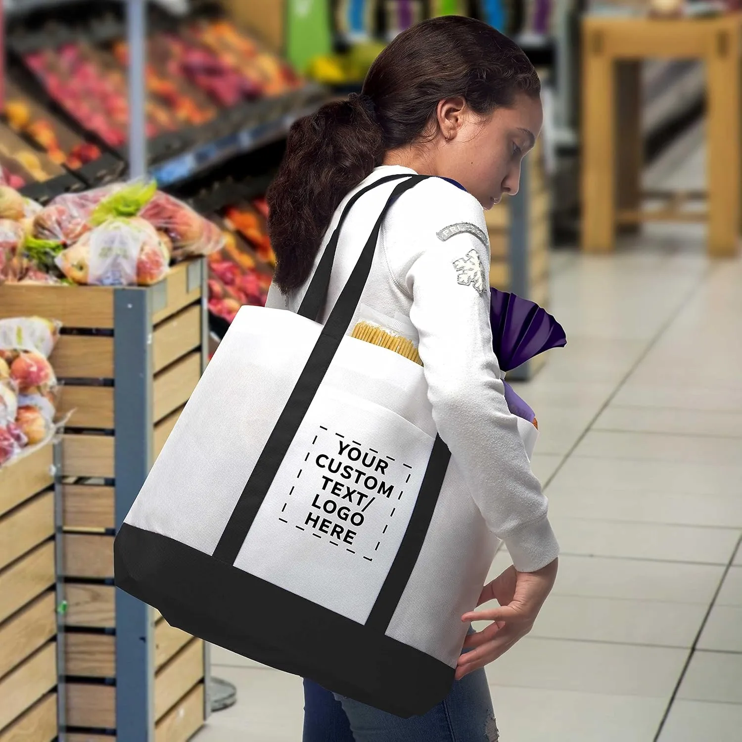 DISCOUNT PROMOS 50 Trim Color Non-Woven Tote Bags Set - Customizable Text, Logo - Durable, Water Resistant, Vibrant - Black - 18"X14"X3.5", Two tone, Front Pocket