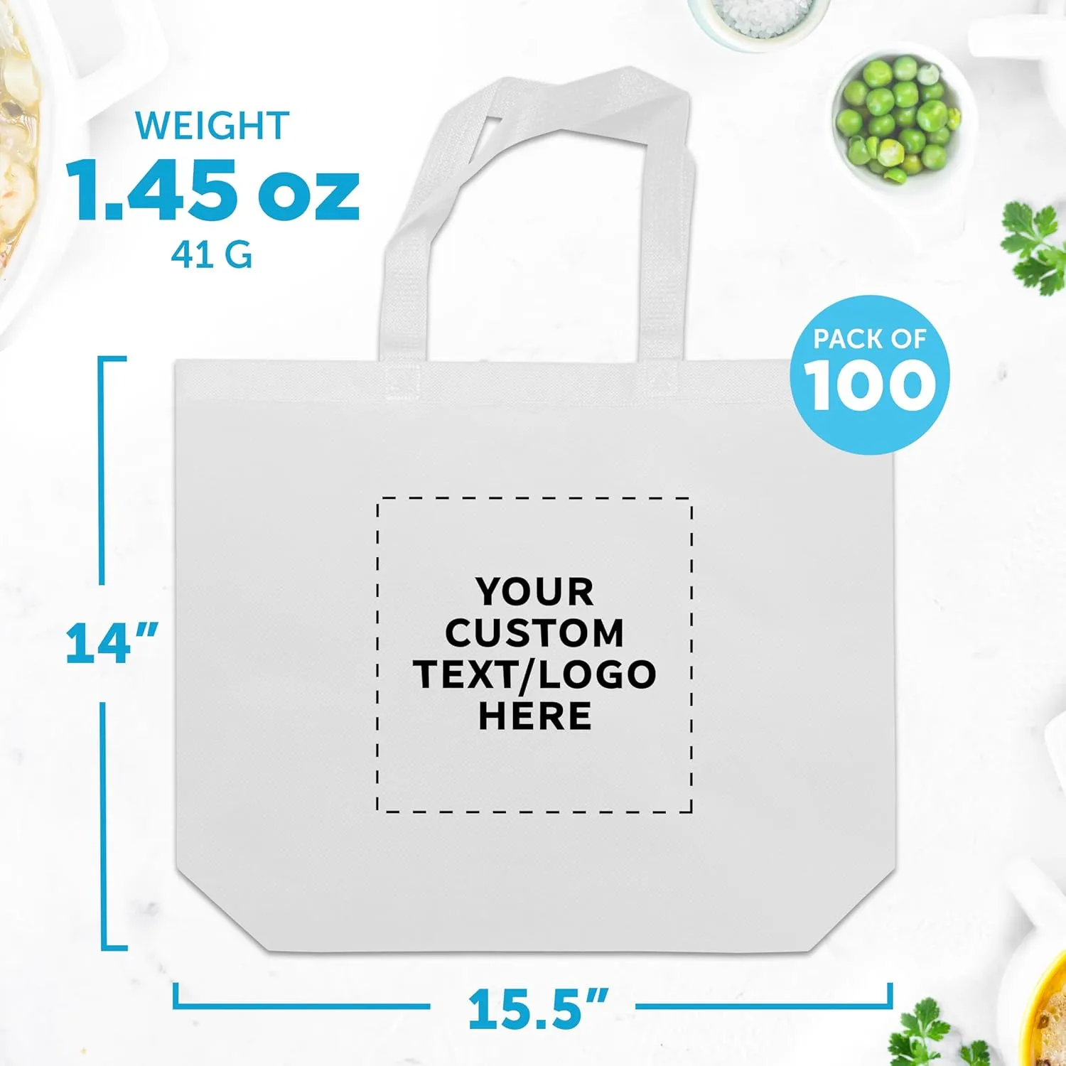 DISCOUNT PROMOS Custom Jumbo Sized Tote Bags Set of 100, Personalized Bulk Pack - Reusable Grocery Bags, Shopping Bags, Promotional Item Totes for Women - White