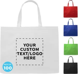 DISCOUNT PROMOS Custom Jumbo Sized Tote Bags Set of 100, Personalized Bulk Pack - Reusable Grocery Bags, Shopping Bags, Promotional Item Totes for Women - White
